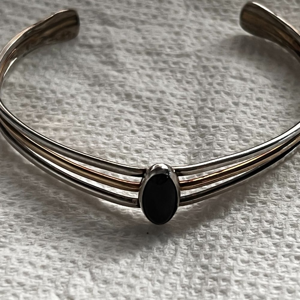 Dainty Sterling Silver Gold Filled Onyx Stone Cuff Bracelet